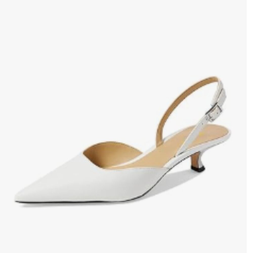 Wo Wagas White Pointy Toe Slingback Strap Buckle Pumps Low Heel Slip On Shoes